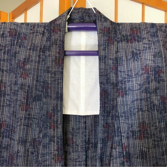 Authentic Vintage Japanese Navy Blue Kimono Robe with Maple Leaves Cotton Blend - Picture 4 of 12